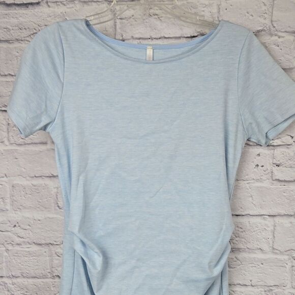 PinkBlush Maternity Dress Light Blue Heathered Short Sleeve Fitted Bodycon Knit - Picture 8 of 9